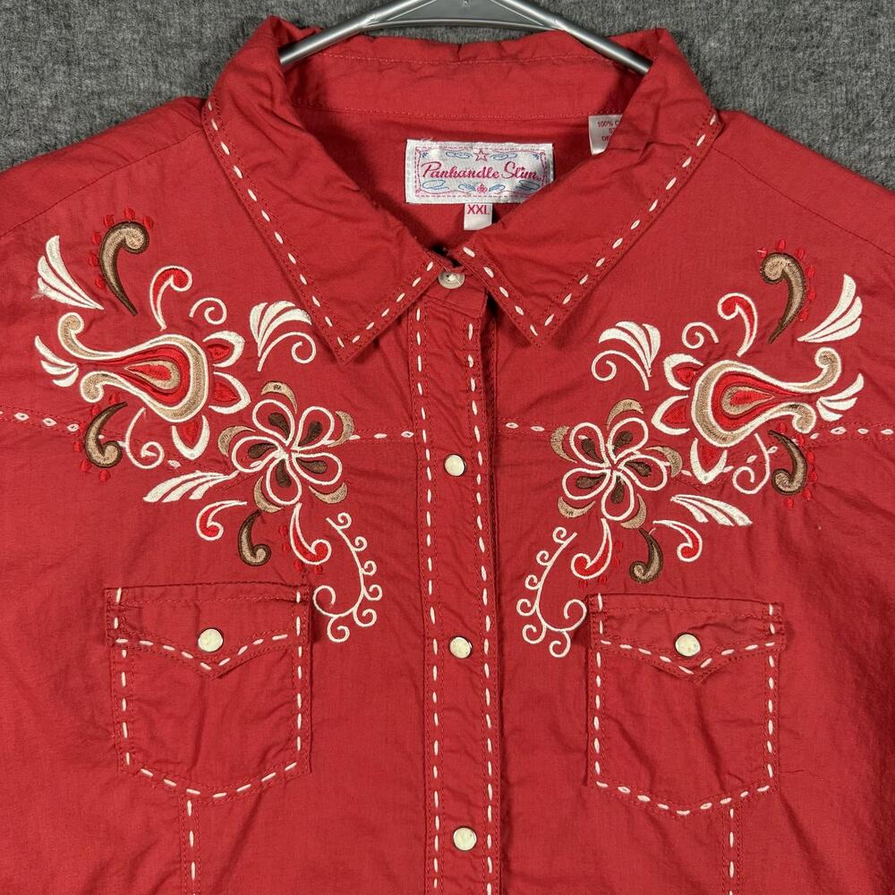 Panhandle Slim Western Shirt Womens XXL Red Floral Embroidered Pearl Snap Rodeo